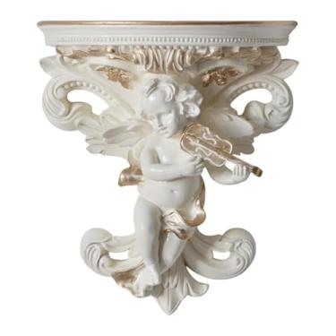 Imagem de DimyFew Estátua de resina decorativa de prateleira flutuante, estatueta suspensa, organizador de anjo interno, escultura de parede para sala de jantar, Creme com Violino