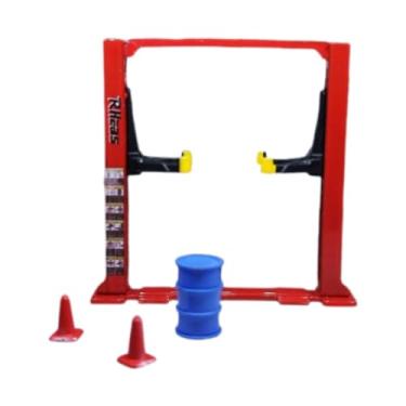 Imagem de Almencla 1/64 Diorama Garage Stuff Miniatura 4 Peças/Conjunto Modelo de Arquitetura Cones de Trânsito Tambor de Óleo Guindaste de Pórtico Kit de Ferramentas de, Elevação Da Cor Vermelha