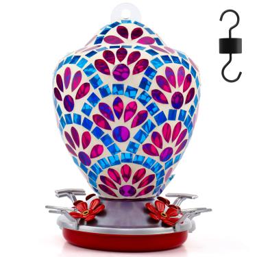 Imagem de VOREEN Alimentador de beija-flor de mosaico de vidro, 1000 ml com fosso de formiga e 4 portas de alimentação, alimentador de pássaros suspenso de vidro soprado à mão, decoração de quintal de jardim de