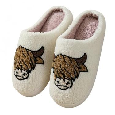 Imagem de GEBUFAW Pantufas de vaca para ambientes internos, Branco, 7-8 Women/5.5-6.5 Men
