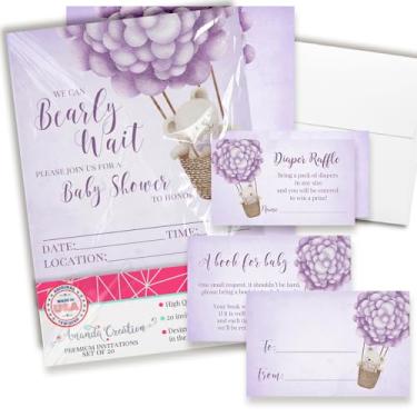 Imagem de Convites de chá de bebê para meninas – Conjunto de convites para chá de bebê de urso de pelúcia roxo com ingressos de sorteio de fraldas, cartões de solicitação de livro e envelopes. Conjunto de 20