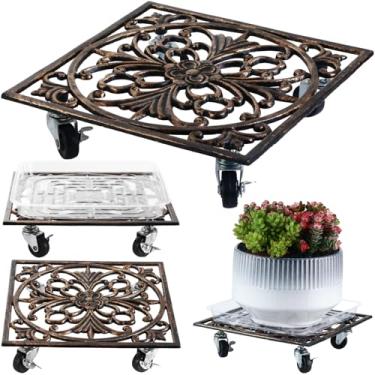 Imagem de DEELF OUTLET 2 Pacotes De Carrinhos Plantas Ferro Fundido Quadrado 12" Com Rodas, Grande Carrinho Plantador Vintage Resistente, Transporte Vasos, Suportes Rodízios Para Áreas Internas E Externas, Br