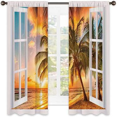 Imagem de Cortina isolada para sombreamento de praia, palmeira do mar, oceano, palmeira, pôr do sol, casa janelas de madeira, imagens artísticas, para sala de estar ou quarto, L 152 x C 182 cm, multicolorido