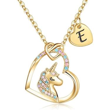 Imagem de Unicorn Necklace Gifts for Girls Daughter - Colorful Heart Pendant Initial Unicorn Necklaces for Girl Teens Little Girls Jewelry Birthday Gift-E