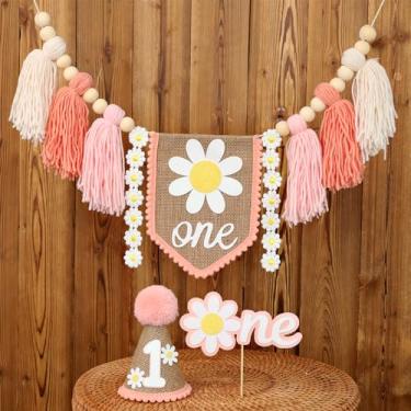 Imagem de Banner de cadeira alta de 1º aniversário feito à mão Boho 1º aniversário decoração festa para menina chá de bebê pendurar na parede decorativo para quarto de crianças margarida chapéu de aniversário