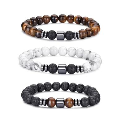 Imagem de Crgwxzl Pulseira masculina com contas cruzadas, 8 mm, conjunto de pulseiras de pedra natural, olho de tigre e pedra vulcânica para homens, preto, proteção obsidia, pulseiras de cristal para homens