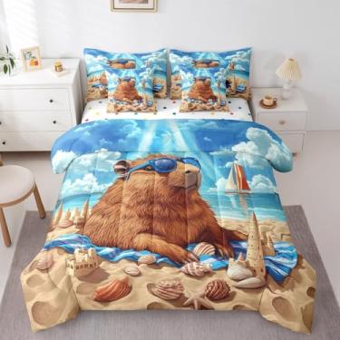 Imagem de Castle Fairy Conjunto de edredom 3D Capivara, tema Hello Summer, 7 peças, solteiro, para crianças, praia, oceano, havaiano, com edredom, lençol e fronhas