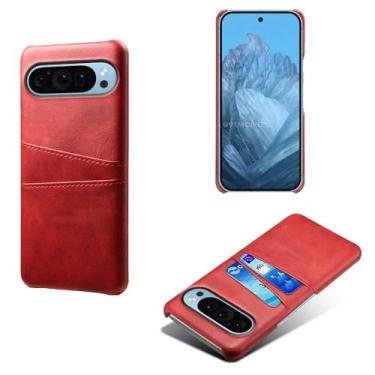 Imagem de Capas Compatível com Google Pixel 9 Pro XL,Caso de couro PU-Tampa de telefone a prova de choque com 2 slots de cartão,Proteção anti-impressão digital e anti-gota-Red