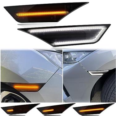 Imagem de KEEGTBOX Luzes De Marcação Laterais Dinâmicas Sequenciais Brancas Com Lentes Fumê Âmbar Compatível Honda Civic Coupe Sedan Hatchback 10ª Geração 2016-2021, Lâmpadas Para-Choque E Refletor, 2 Peças