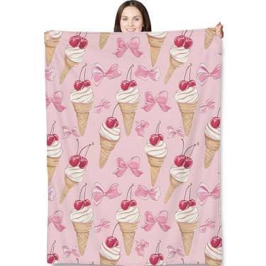 Imagem de Cobertor de casquinha de sorvete para adultos e crianças, 127 x 152 cm, sobremesa rosa cereja e laço, cobertores de flanela para quarto, sofá, viagem, decoração de casa, presentes macios e