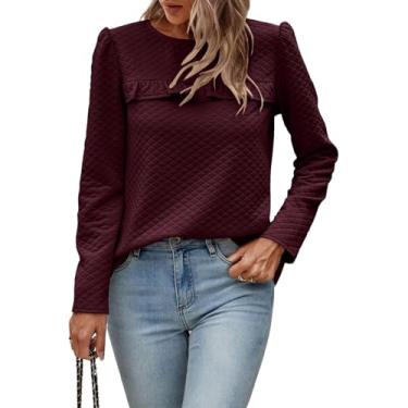 Imagem de Blusas Femininas De Cor Sólida Manga Comprida Botão Nas Costas Decote Redondo Acolchoado Babado Camisas Da Moda Outono Inverno Casual Tops, Wine Red, S