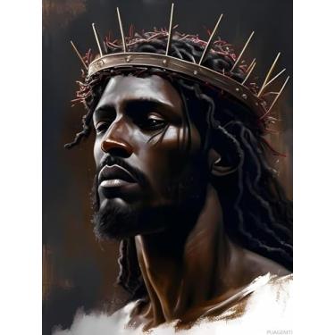 Imagem de PUAGEMTI Kits de pintura de diamante preto Jesus, kits de arte de diamante redondo completo para adultos, arte de diamante Jesus 5D, presentes personalizados para decoração de parede de quarto de