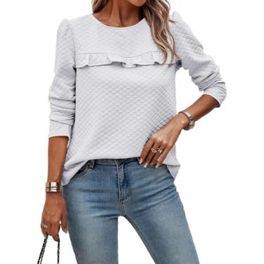 Imagem de Blusas Femininas De Cor Sólida Manga Comprida Botão Nas Costas Decote Redondo Acolchoado Babado Camisas Da Moda Outono Inverno Casual Tops, White, M