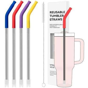 Imagem de Soledea 4 PÇS Canudos de metal de 1134 g para copo Stanley de 1,134 g, extra longo com pontas de silicone, fundo anti-clank, serve para jarros de 1,8 g e copos grandes