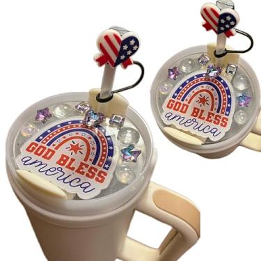 Imagem de Linda bandeira americana estrela 4 de julho charme patriótico para Stanley Cup acessórios 1,134 g copo com tampa de palha de silicone e placa de tampa para mulheres azul