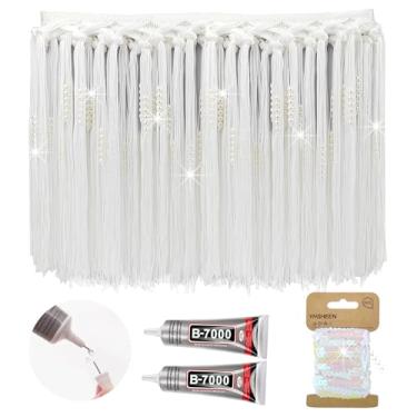 Imagem de Yhsheen Acabamento de franja branca com pérolas elegantes, acabamento de franja de 2 jardas x 24 cm por jarda com cola B7000, borlas para artesanato para costura de cortina de roupas