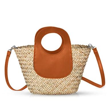 Imagem de QTKJ Bolsa de palha, bolsa de praia para mulheres, bolsa macia tecida à mão, alça de couro com design transversal mini praia, bolsa de tecido para viagens de férias diárias (Cáqui)