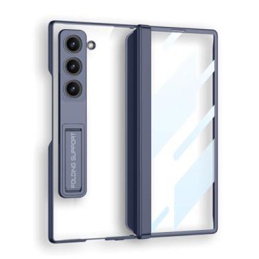 Imagem de JIAONASHIJIA Capa para Samsung Galaxy Z Fold 6 - Proteção de dobradiça - Película de alumínio com metal integrado - à prova de choque e queda - com suporte - proteção de lente fina e fina - azul