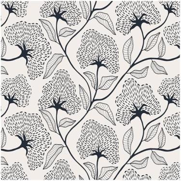 Imagem de Papel de parede para contato Boho 43,9 cm x 200,2 cm preto e bege papel de parede moderno autoadesivo removível floral para banheiro decoração de arte papel de parede quarto cozinha vinil