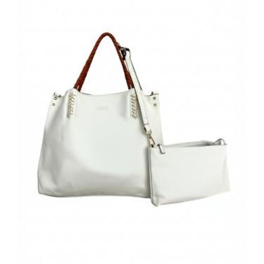 Imagem de Kit 3 Peças Bolsa Grande, Bolsinha Média Transversal e Carteira Feminina Alça Trançada Necessaire (Branco Marrom)