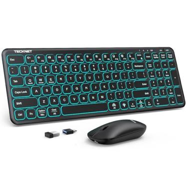Imagem de TECKNET Combo de teclado e mouse sem fio retroiluminado – letras iluminadas, recarregável e compacta, tecla silenciosa, modo de suspensão, teclado e mouse de conexão estável de 2,4 GHz para Mac