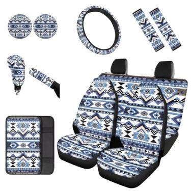 Imagem de Dreaweet Southwestern Capas de assento de carro conjunto completo azul étnico asteca geométrico tribal nativo capa de volante de carro/capa de console central/capas de cinto de segurança/porta-copos