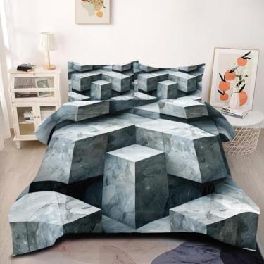 Imagem de Conjunto de edredom geométrico, tamanho king, cinza, geométrico, moderno, mármore, cinza, macio, respirável, microfibra Cottagecore, conjunto de cama com 3 peças para decoração de quarto