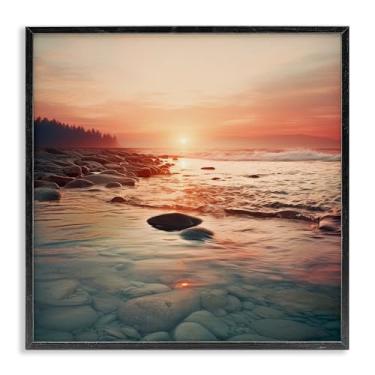 Imagem de Stupell Industries Pôr do sol sobre o mar, melodias, preto emoldurado, giclée, design de arte por Lazar Studio, 43 x 43 cm
