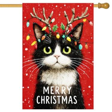 Imagem de BlissYard Bandeira de jardim de Feliz Natal preto e branco chifres de rena de madeira para gatos 71 x 101 cm faixas de quintal grandes dupla face para amantes de gatos varanda casa ao ar livre férias