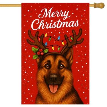 Imagem de BlissYard Feliz Natal, bandeira de jardim, chifres de rena de pastor alemão, 71 x 101 cm, dupla face, boas vindas, banners de quintal grandes para amantes de cães, varanda, casa, exterior, inverno