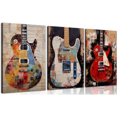 Imagem de 3 peças arte de parede em tela de guitarra de graffiti decoração de parede temática musical colorida pôsteres de instrumentos musicais imagens impressões de estúdio pinturas rupestres vintage