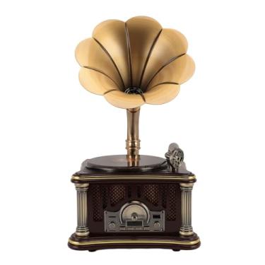 Imagem de Luocute Alto -falante de Gramofone Vintage, Alto -falante de Rádio Retro Giratória Com Chifre de Cobre, Construído No 3,5 Mm Aux in/USB/FM Radio para Decoração e (Cor de café)
