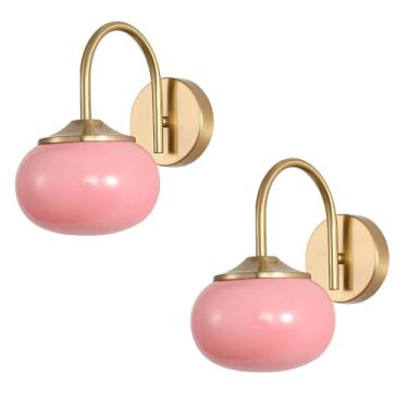 Imagem de BOKT Conjunto de 2 arandelas de parede modernas cor-de-rosa para quarto luminárias douradas pequenas montadas luminárias de cabeceira para casa de banho escada sala de estar e sala de jogos (lâmpada
