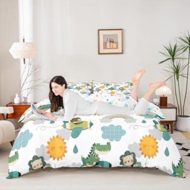Imagem de Manfei Conjunto de capa de edredom tamanho Queen, conjunto de cama de desenho animado dinossauro urso coelho 3 peças, capa de edredom de avião arco-íris sol, decoração de quarto de crianças, meninos e