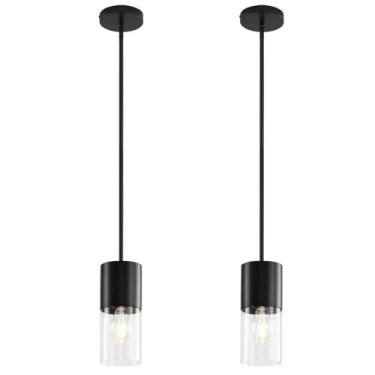 Imagem de Luzes pendentes modernas ilha de cozinha, luzes penduradas em casa de fazenda preta com sombra de vidro transparente, iluminação pendente de cozinha sobre ilha para sala de jantar, mesa e sala de