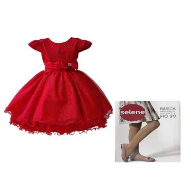 Imagem de Vestido Glitter Vermelho Infantil + Meia Selene Branco