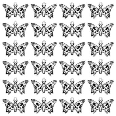 Imagem de DICOSMETIC Amuleto de caveira borboleta de liga esmaltada, 24 peças, borboletas pretas com caveiras e cruz, berloques temáticos de Halloween, joia gótica assustadora para fabricação de joias, furo: 2