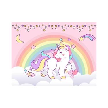 Imagem de Painel de Lona Unicórnio Fundo Rosa Arco Íris e Nuvens - Fabrika De Fe