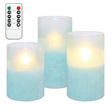 Imagem de Cafemoon Velas azuis sem chama com controle remoto, velas cintilantes de LED operadas por bateria com temporizador, vidro jateado, velas de pilar de LED para quarto de casamento, casa, decoração de