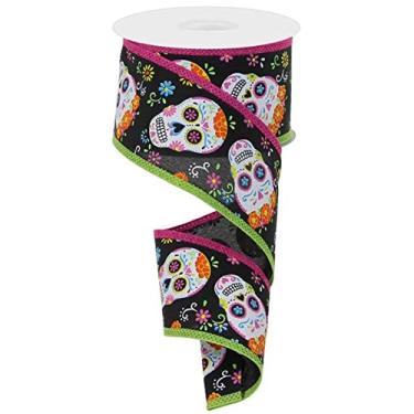 Imagem de Day of The Dead Sugar Skulls on Canvas Wired Edge Ribbon, 9 metros (6 cm, preto, multi)