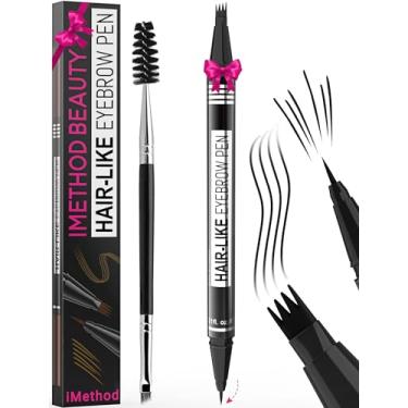 Imagem de iMethod Caneta de sobrancelha - Lápis de sobrancelha mágicos 2 em 1 para mulheres com ponta de 4 garfos e ponta de pincel precisa para sobrancelhas naturais semelhantes a cabelos, dura o dia todo, com