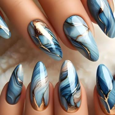 Imagem de Unhas postiças médias de amêndoa, uso diário, natureza, cola, brilhante, unhas azuis, unhas postiças de verão, com design de glitter de mármore, 24 peças