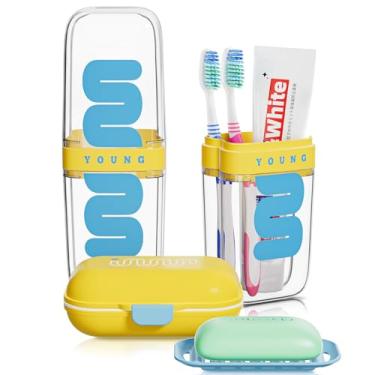 Imagem de VITVITI Recipiente de sabão de viagem, estojo de viagem portátil para escova de dentes, bandeja de pratos, pasta de dentes de 19 cm, conjunto de suporte de escova de dentes de viagem com capa para