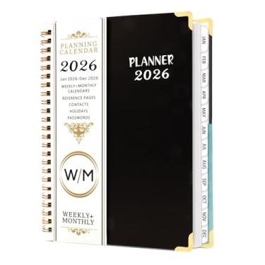 Imagem de Agenda 2026 Academic Planner 12 meses, diário, semanal, mensal, agenda de janeiro de 2026 a dezembro de 2026, caderno espiral com adesivos, marcador de página e bolso interno para escola, escritório