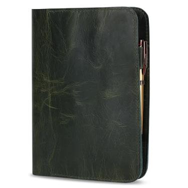 Imagem de TheAntiq Capa de diário de couro verde A5 – Protetor de caderno recarregável e elegante 15 x 23 cm com bolso, compartimentos para cartões, suporte de caneta para homens e mulheres - capa de couro