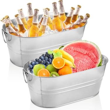 Imagem de LOPYXBR Balde de gelo galvanizado de 2 peças de 4 galões para festas com alças de transporte, banheira de bebidas de aço inoxidável para festas, banheira galvanizada de 4 galões com alças, baldes de