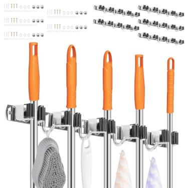 Imagem de XYDHQS Suporte de parede de 5 peças para esfregão e vassoura, organizador de rack de vassoura de aço inoxidável com 5 prateleiras e 4 ganchos, adesivo para economia de espaço/esfregão de montagem de