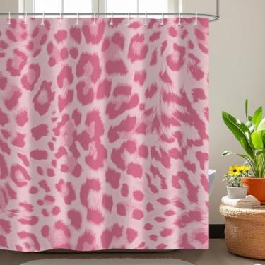 Imagem de Emwnodti Cortina de chuveiro sexy com estampa de leopardo, animal selvagem, estampa de guepardo, conjunto de acessórios de banheiro de pele rosa, tecido de poliéster, impermeável, 182 x 182 cm com 12