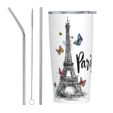Imagem de opshksog Copo da Torre Eiffel de Paris com tampa e canudo 590 ml, copo isolado a vácuo de aço inoxidável para casa, escritório, viagem, Natal, aniversário, presentes
