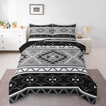 Imagem de jejeloiu Conjunto de edredom boho asteca para todas as estações, conjunto de cama com 2 fronhas, microfibra geométrica, roupa de cama infantil, boêmia, para decoração de quarto, edredom respirável